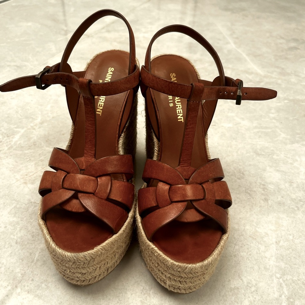 Saint Laurent tribute wedge espadrilles. Brown leather. Size 36